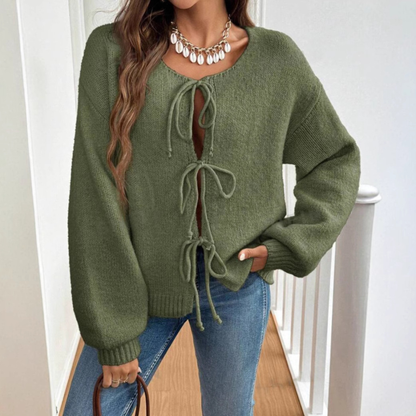 Knit Cardigan with Triple Bow Front and Puff Sleeves