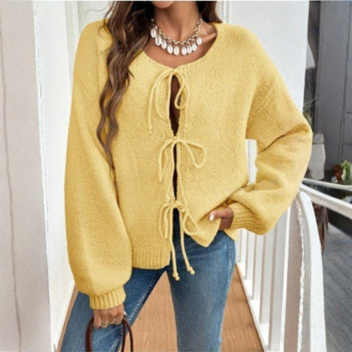 Knit Cardigan with Triple Bow Front and Puff Sleeves