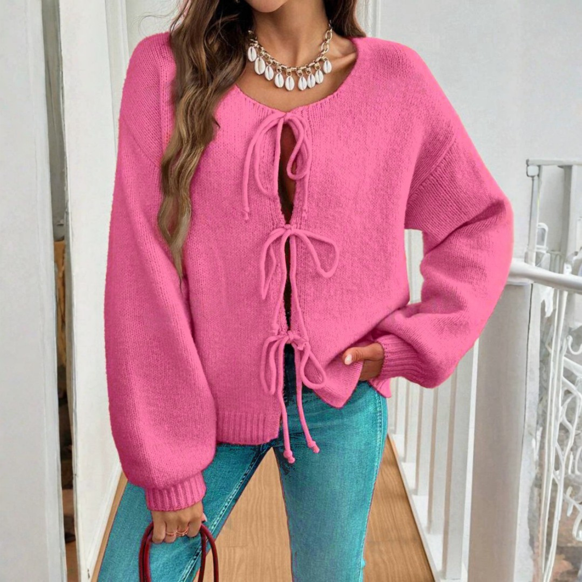 Knit Cardigan with Triple Bow Front and Puff Sleeves