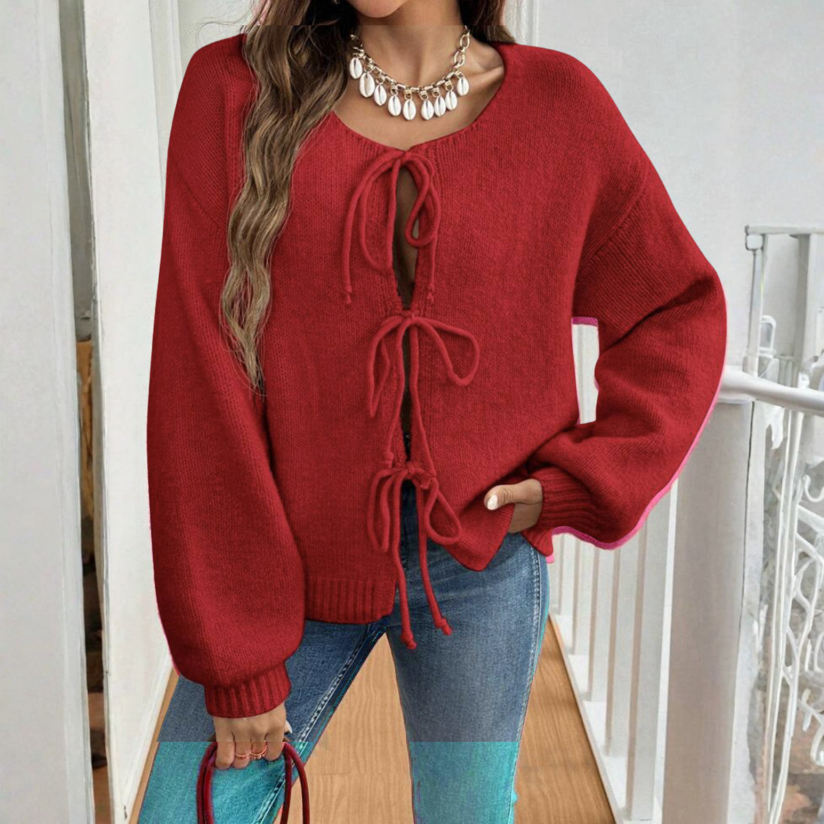 Knit Cardigan with Triple Bow Front and Puff Sleeves