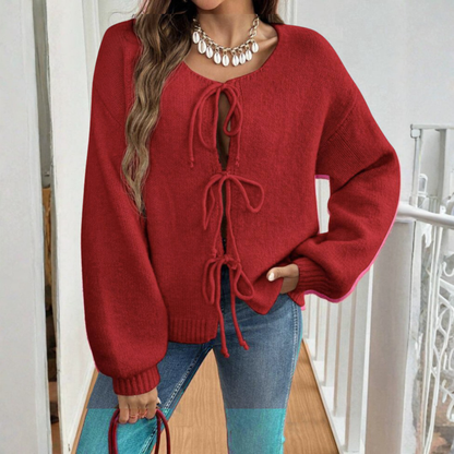 Knit Cardigan with Triple Bow Front and Puff Sleeves