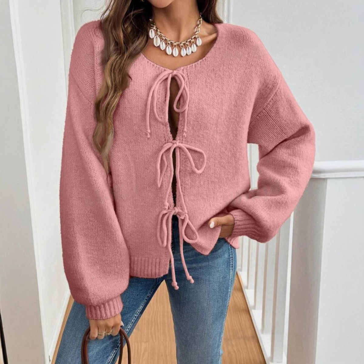 Knit Cardigan with Triple Bow Front and Puff Sleeves