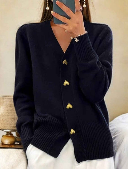 Knit Cardigan with V-Neckline and Gold Heart Buttons