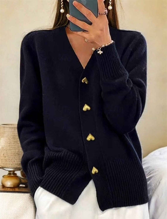 Knit Cardigan with V-Neckline and Gold Heart Buttons