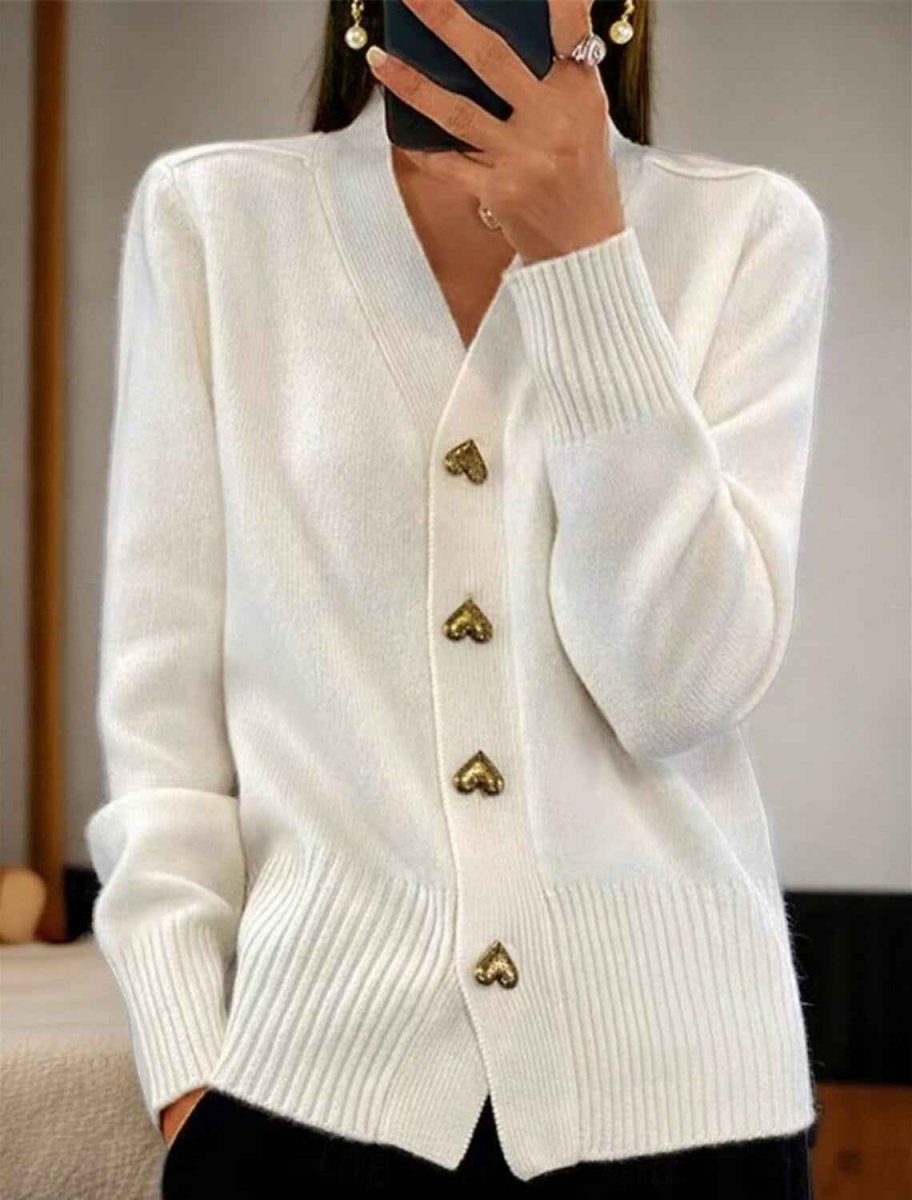 Knit Cardigan with V-Neckline and Gold Heart Buttons