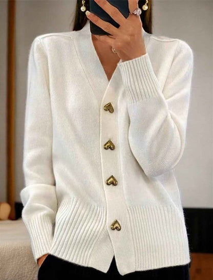 Knit Cardigan with V-Neckline and Gold Heart Buttons