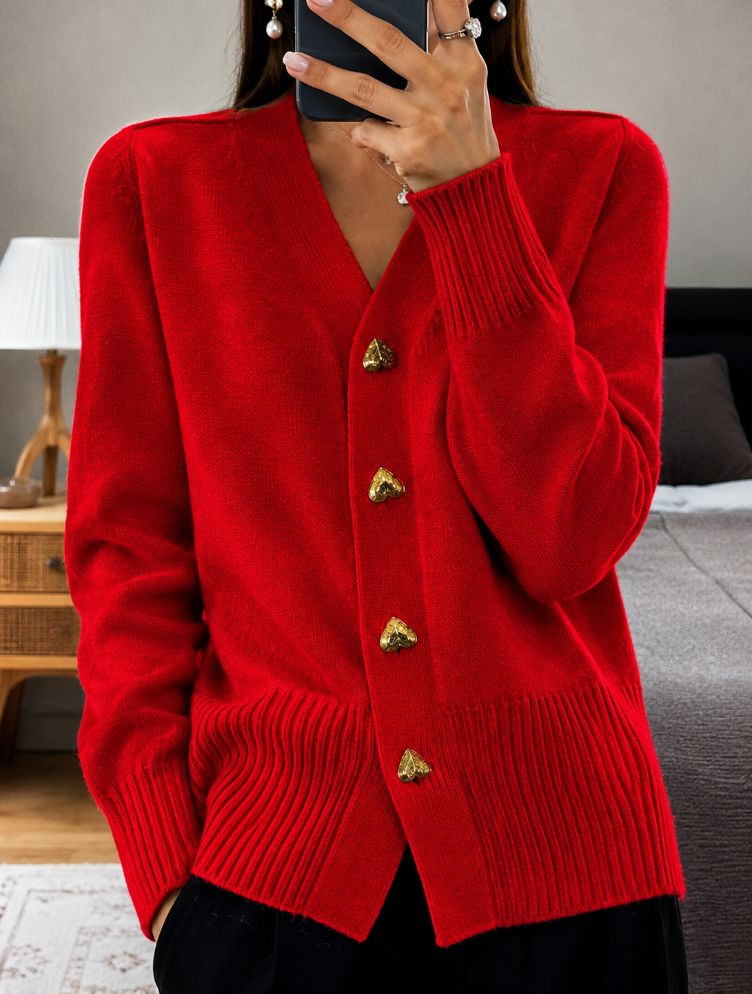 Knit Cardigan with V-Neckline and Gold Heart Buttons