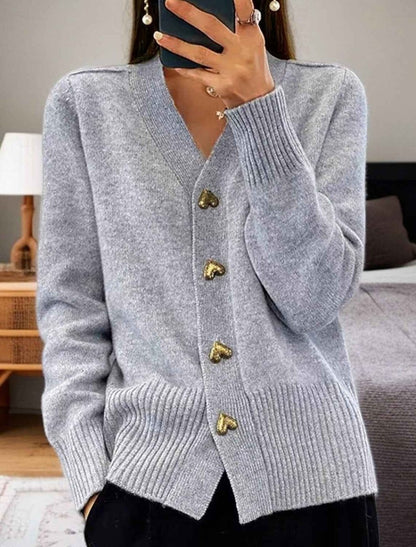 Knit Cardigan with V-Neckline and Gold Heart Buttons