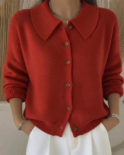 Knit Cardigan with Wide Collar and Wood-Tone Buttons