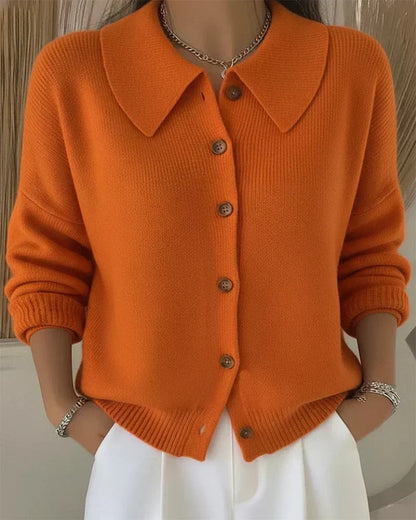 Knit Cardigan with Wide Collar and Wood-Tone Buttons