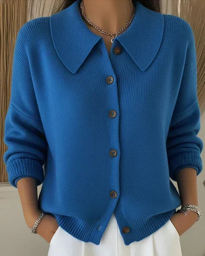Knit Cardigan with Wide Collar and Wood-Tone Buttons