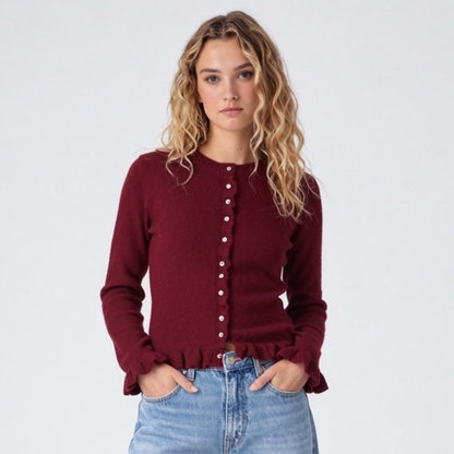 Knit Cardigan with Frill Hem and Pearl Button Front