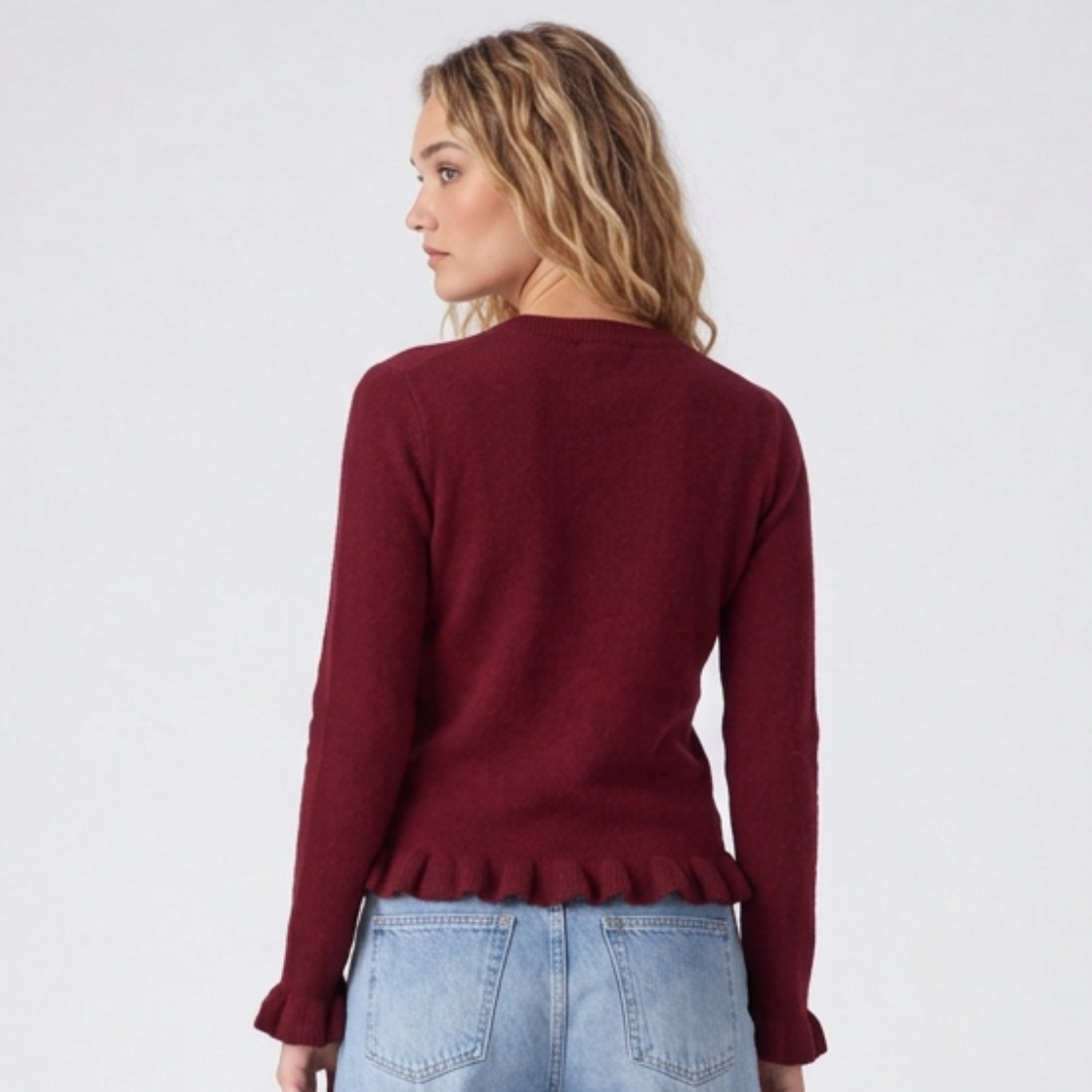 Knit Cardigan with Frill Hem and Pearl Button Front