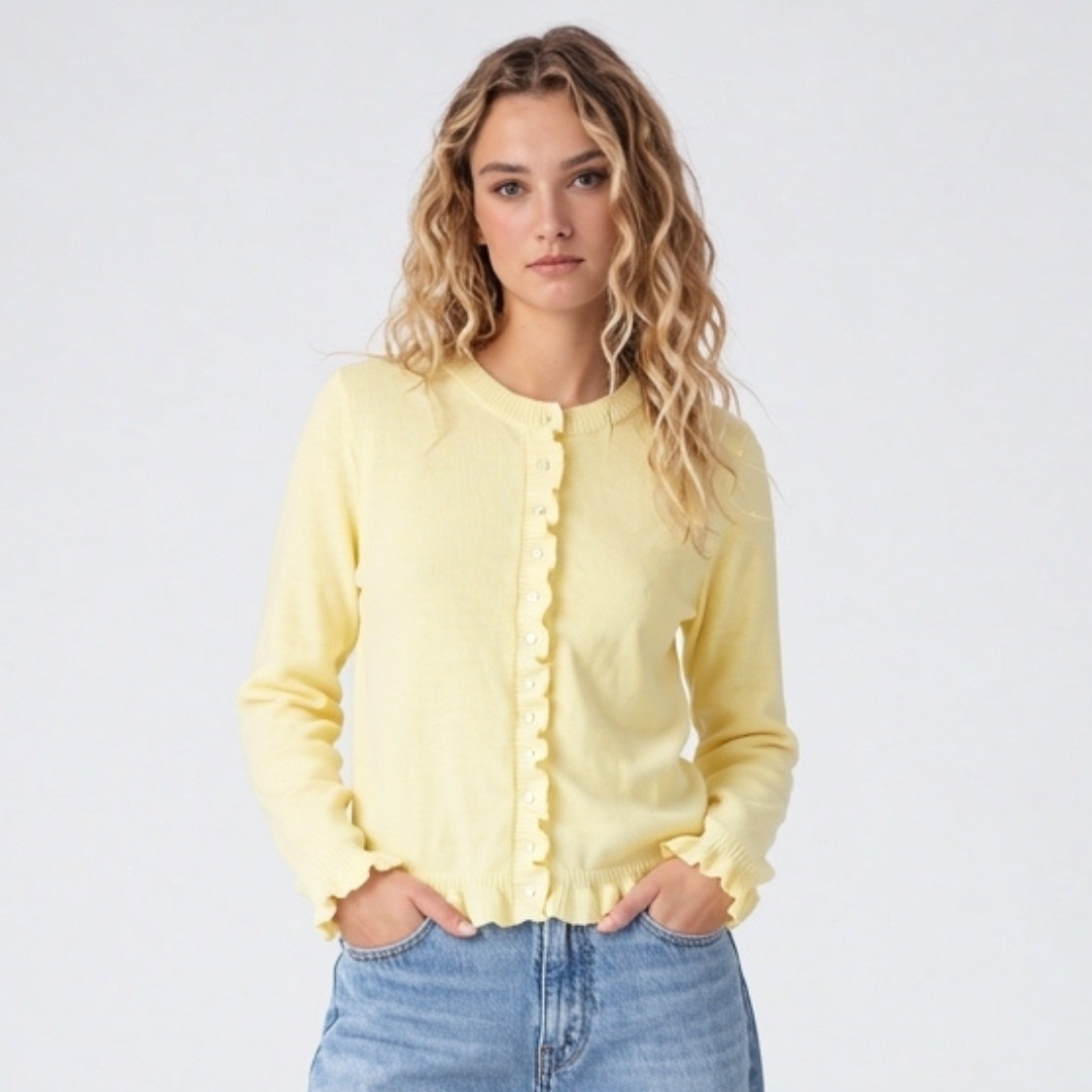 Knit Cardigan with Frill Hem and Pearl Button Front