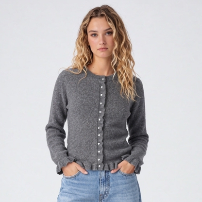 Knit Cardigan with Frill Hem and Pearl Button Front