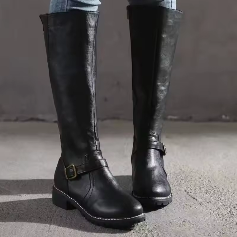Leather Knee High Boots with Buckle Detail and Block Heel