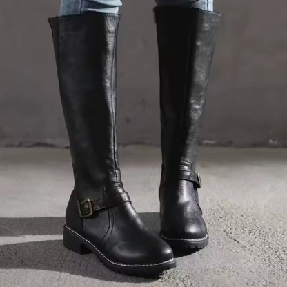 Leather Knee High Boots with Buckle Detail and Block Heel