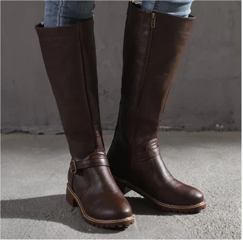 Leather Knee High Boots with Buckle Detail and Block Heel