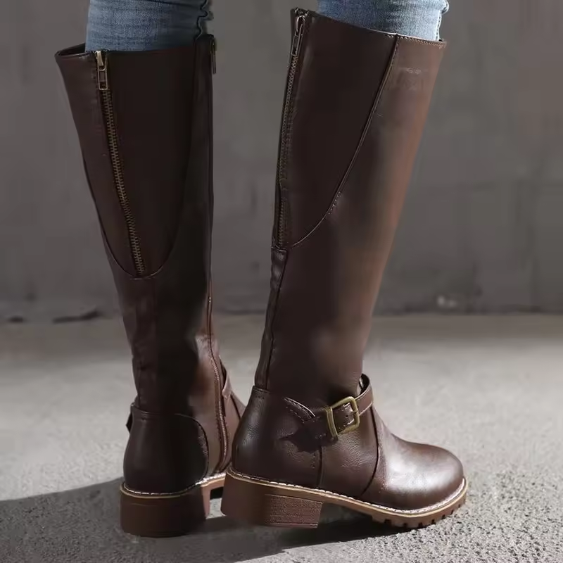 Leather Knee High Boots with Buckle Detail and Block Heel