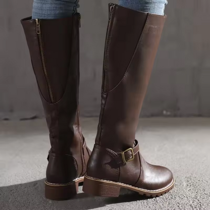 Leather Knee High Boots with Buckle Detail and Block Heel