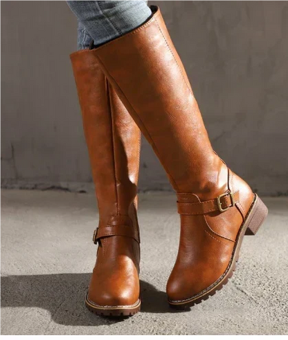 Leather Knee High Boots with Buckle Detail and Block Heel