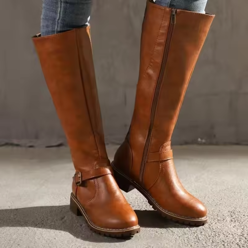 Leather Knee High Boots with Buckle Detail and Block Heel