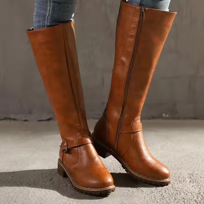 Leather Knee High Boots with Buckle Detail and Block Heel