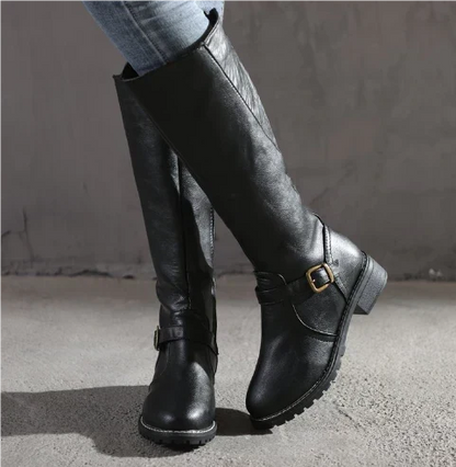 Leather Knee High Boots with Buckle Detail and Block Heel