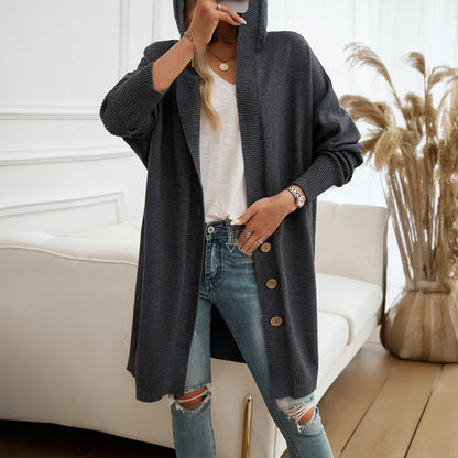 Long Hooded Knit Cardigan with Wooden Buttons and Ribbed Cuffs