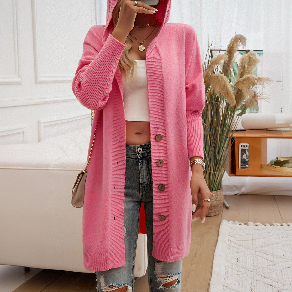 Long Hooded Knit Cardigan with Wooden Buttons and Ribbed Cuffs