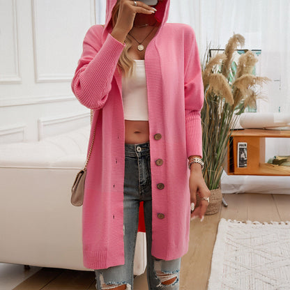 Long Hooded Knit Cardigan with Wooden Buttons and Ribbed Cuffs