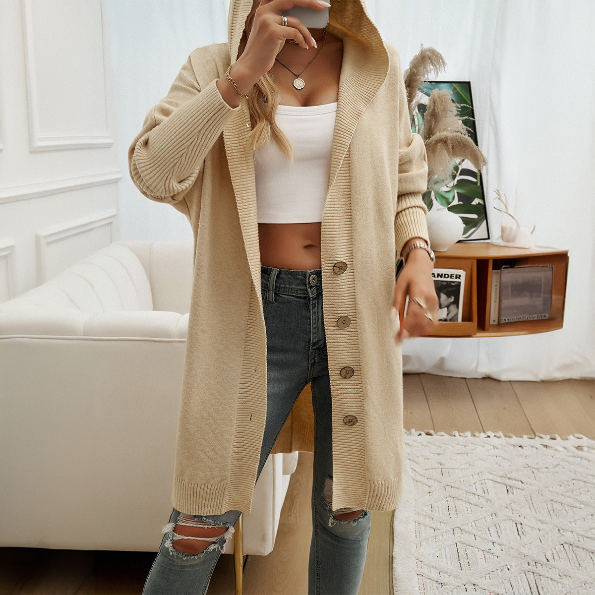 Long Hooded Knit Cardigan with Wooden Buttons and Ribbed Cuffs