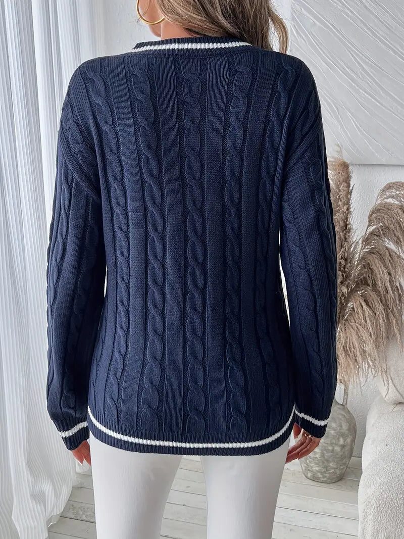 Navy Cable Knit Sweater with V-Neckline and Contrast Trim