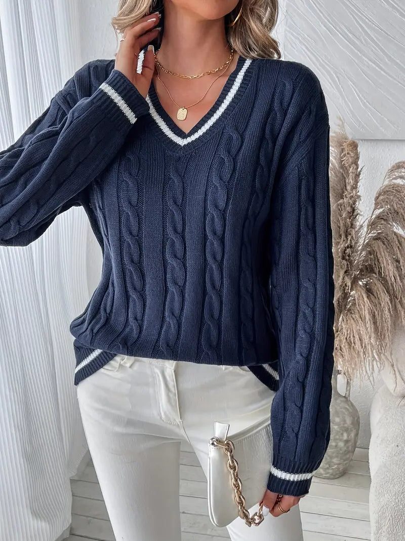 Navy Cable Knit Sweater with V-Neckline and Contrast Trim