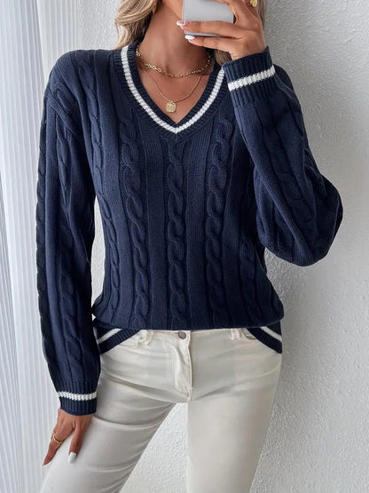 Navy Cable Knit Sweater with V-Neckline and Contrast Trim