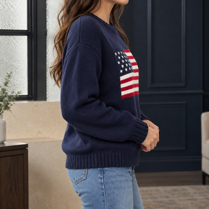 Navy Chunky Knit Sweater with American Flag Motif