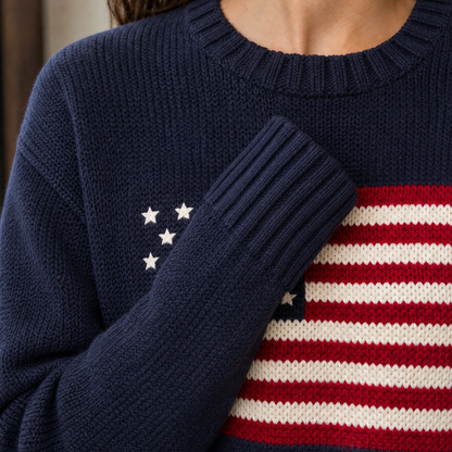 Navy Chunky Knit Sweater with American Flag Motif