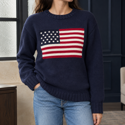 Navy Chunky Knit Sweater with American Flag Motif