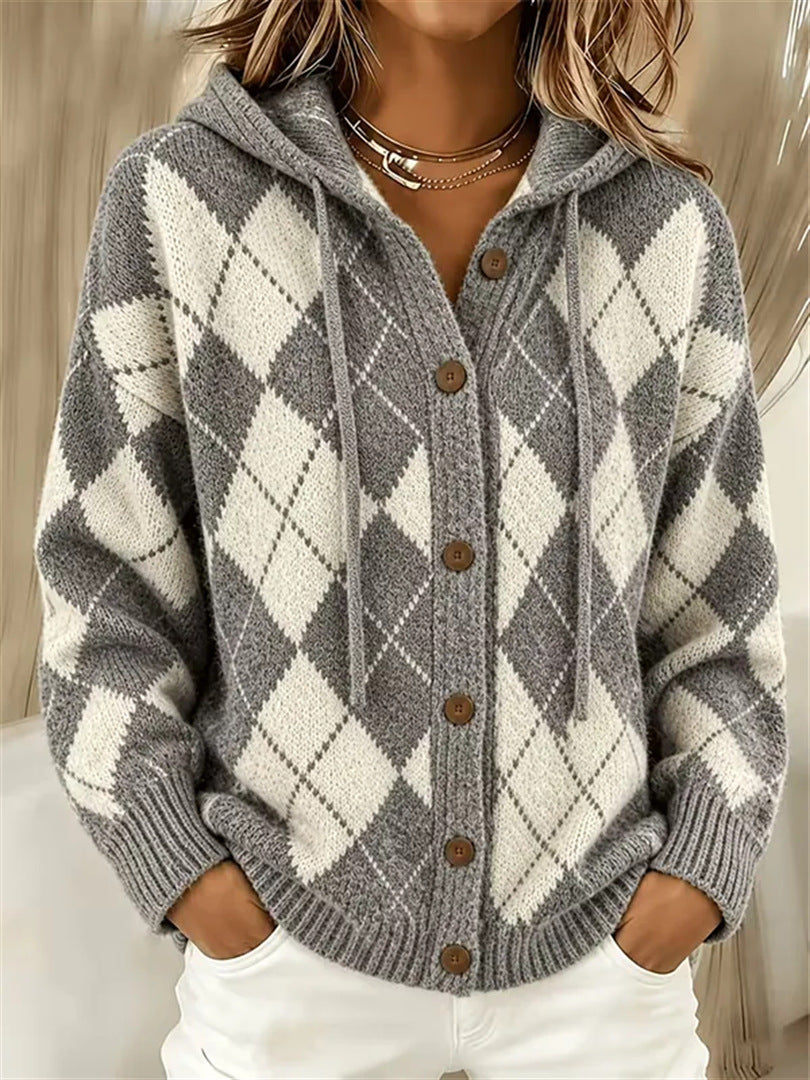 Heritage Argyle Knit Cardigan with Drawstring Hood