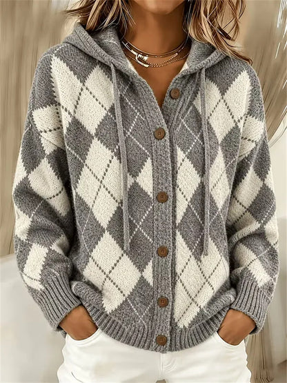 Heritage Argyle Knit Cardigan with Drawstring Hood