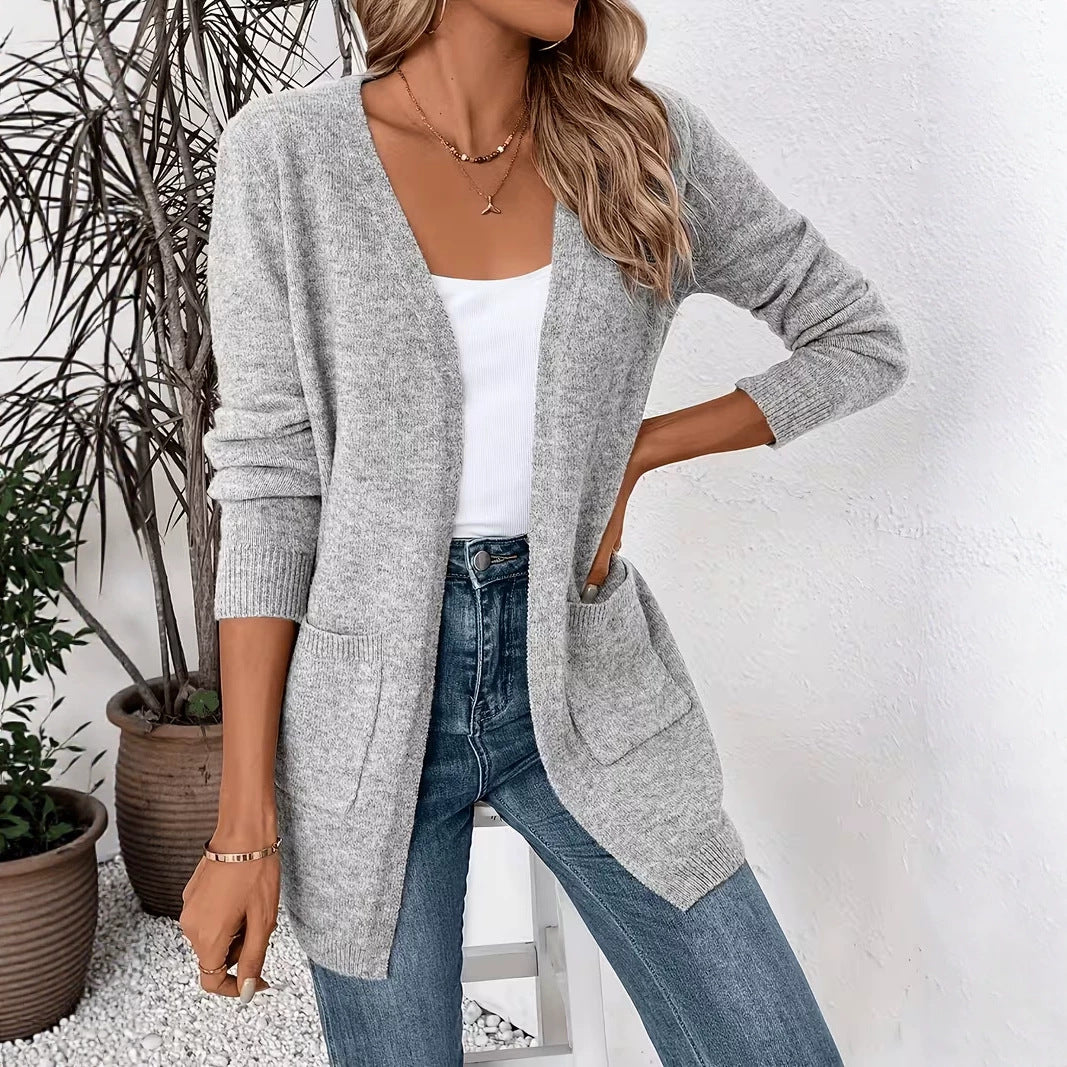 Open Front Knit Cardigan with Front Pockets and Ribbed Cuffs