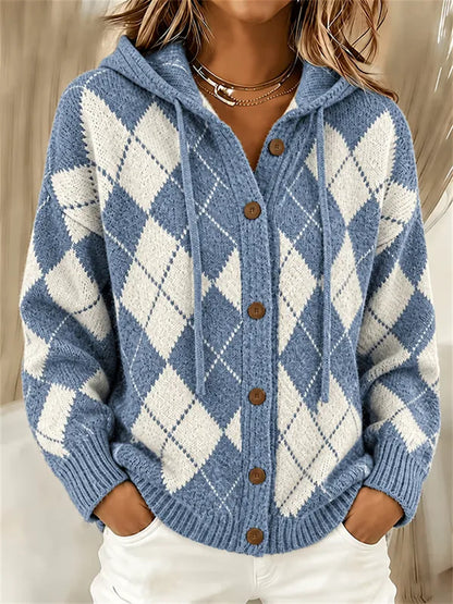 Heritage Argyle Knit Cardigan with Drawstring Hood