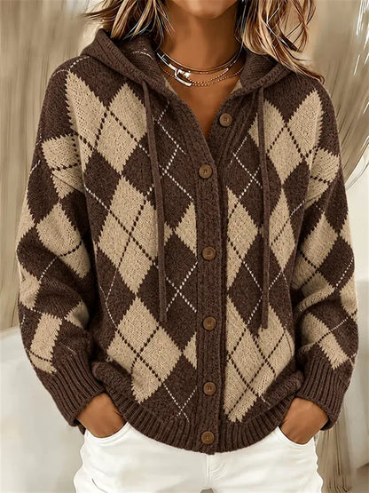 Heritage Argyle Knit Cardigan with Drawstring Hood