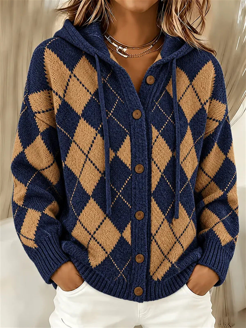 Heritage Argyle Knit Cardigan with Drawstring Hood