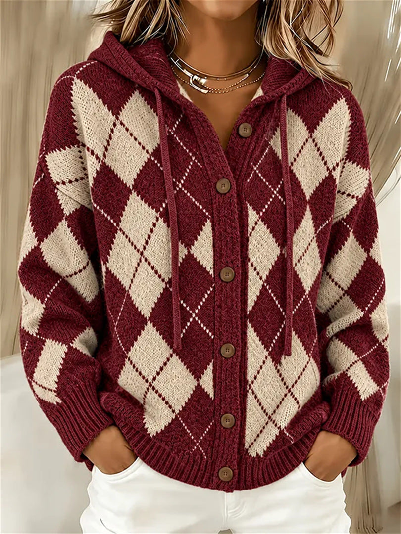 Heritage Argyle Knit Cardigan with Drawstring Hood