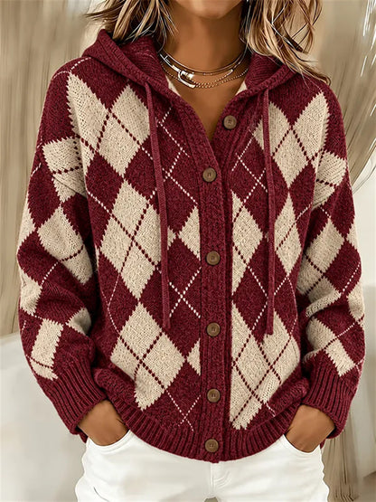 Heritage Argyle Knit Cardigan with Drawstring Hood