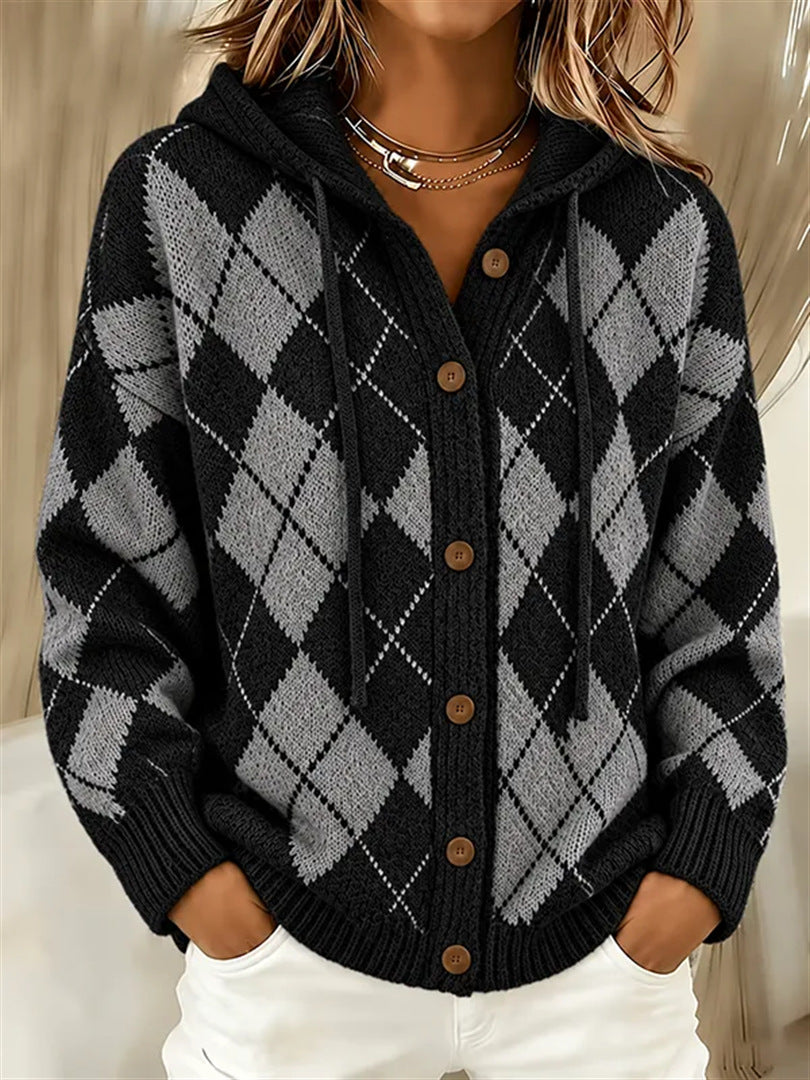 Heritage Argyle Knit Cardigan with Drawstring Hood