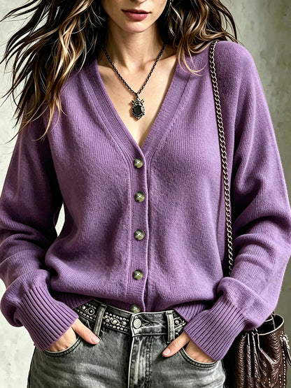 Soft Knit Cardigan with Deep V-Neckline and Button Front