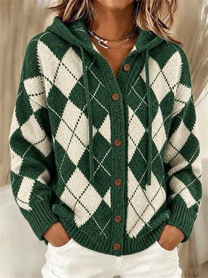 Heritage Argyle Knit Cardigan with Drawstring Hood