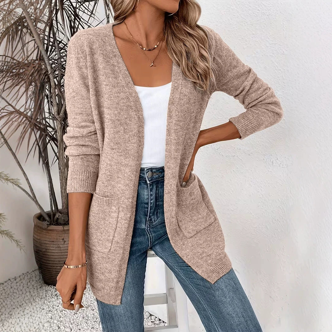 Open Front Knit Cardigan with Front Pockets and Ribbed Cuffs